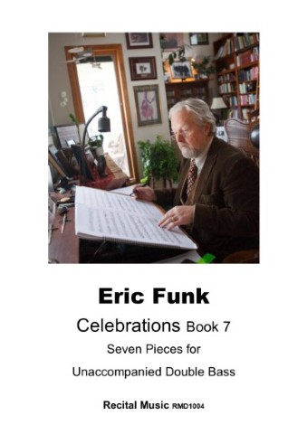 Image of composer Erik Funk with a beard and glasses seated at a desk, looking at sheet music for "Eric Funk Celebrations Book 7 Seven Pieces for Unaccompanied Double Bass" by Recital Music RMD1004.