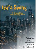 Image depicts a New York at night time, with numerous illuminated skyscrapers and buildings under a dark, possibly cloudy, sky. The Empire State Building is prominently featured in the upper right portion of the background, distinguished by its illuminated spire. It is on the cover of a sheet music book called Let's Swing , 15 original Blues, Jazz and Swing pieces. Violin with Piano or backing tracks, Grades 2-5, Roy McCormack