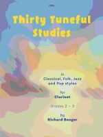 Cover of the sheet music book 'Thirty Tuneful Studies' for Clarinet by Richard Benger. The cover features the title in yellow text on a blue background with colorful, abstract shapes. The text also indicates the studies are 'in Classical, Folk, Jazz and Pop styles' and are 'for Clarinet Grades 2 – 5'.