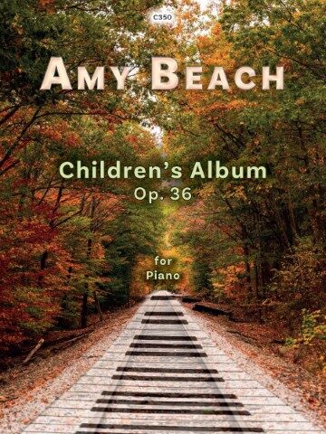 The image for Amy Beach's "Invocation, Op. 55", transcribed for viola and piano by Courtney Grant features a landscape photograph with text overlaid, and the text includes the title, composer's name, transcription details, and the catalogue number C350.
