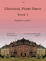 Cover image of a publication by Clifton edition title Classical Piano Duets book 1. The grade is indicated as beginner - grade 1. The picture used is of a historical city scene, possibly Frankfurt am Main, with ornate buildings and horse-drawn carriages. The sky is pink rather than blue