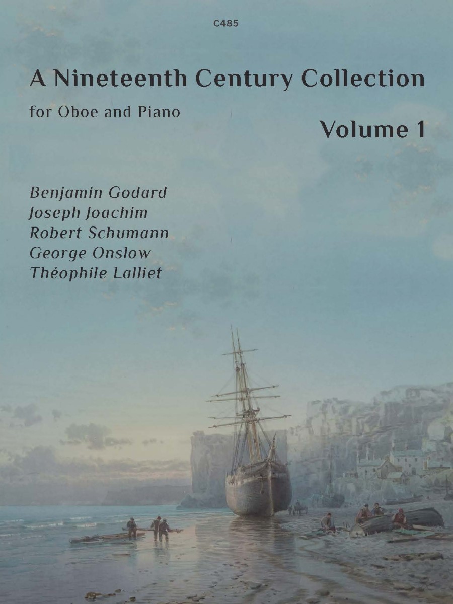 Image of a pieces of sheet music with the text "C485 A Nineteenth Century Collection for Oboe and Piano Volume 1 Benjamin Godard Joseph Joachim Robert Schumann George Onslow Théophile Lalliet". The background of this image describes a coastal scene with a sailing ship and a town.