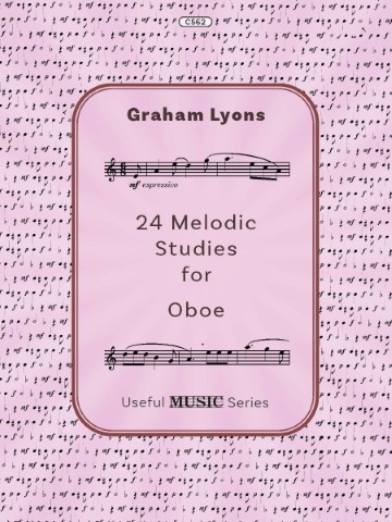 The alt text for this image is: "Cover of the music book "24 Melodic Studies for Oboe" by Graham Lyons, part of the "Useful MUSIC Series". The cover is pink and purple and features musical notation excerpts and the text "mf espressivo"."