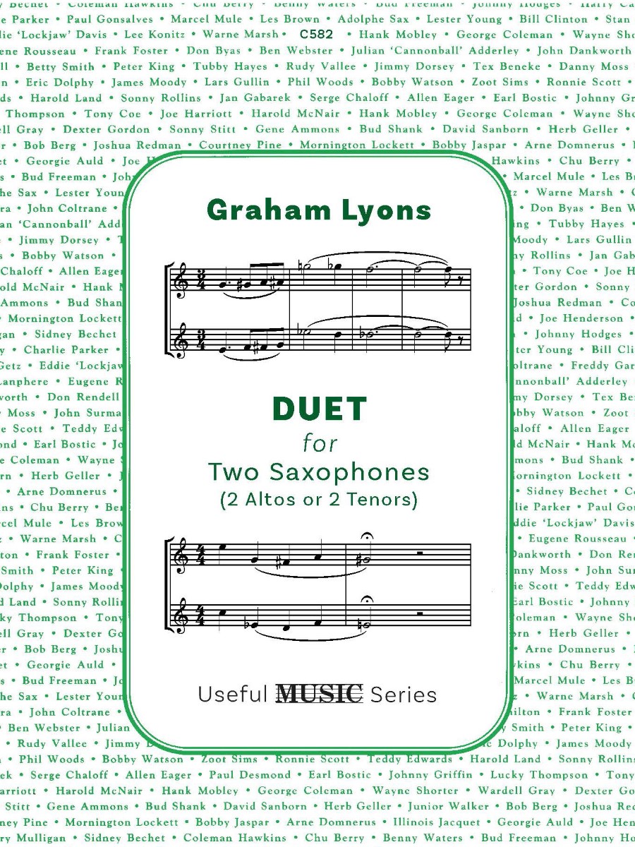 A white-bordered image of a sheet music cover for "DUET for Two Saxophones (2 Altos or 2 Tenors)" by Graham Lyons, part of the "Useful Music Series," with musical notation examples above and below the title. The background is a repeating pattern of names, likely of musicians or composers, in a light green hue.