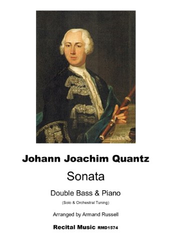 Portrait of the composer Quantz on a sheet music book called Sonata Double Bass and Piano. Solo & Orchestral Tuning. Arrnegd Armand Russell. Recital Music RM1574.