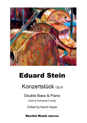 Abstract image of 3 double basses ona s sheet music book by Eduard Stein called Konzerstucke Op 9 Double Bass and Piano (Solo and Orchestral Tuning) Edited David Heyes Recital Music RMD1582.