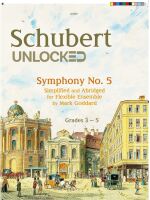 The image is an advertisement for a simplified and abridged version of Schubert's Symphony No. 5, arranged for flexible ensemble by Mark Goddard, and intended for students in grades 3-5. It features an illustration of a city street with classical architecture and horse-drawn carriages.