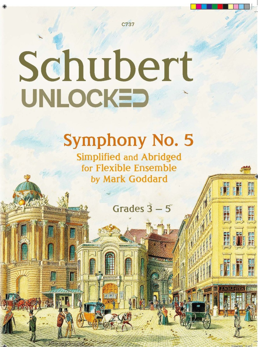 The image is an advertisement for a simplified and abridged version of Schubert's Symphony No. 5, arranged for flexible ensemble by Mark Goddard, and intended for students in grades 3-5. It features an illustration of a city street with classical architecture and horse-drawn carriages.