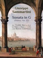 The image is a book cover titled "Giuseppe Sammartini Sonata in G (Sibley No. 12) for Treble Recorder (or Flute or Oboe or Violin) and Basso Continuo Edited by David Lasocki." The background features a painting of a cityscape with a river, boats, and people in 18th-century attire on a balcony overlooking the scene, framed by two large stone arches