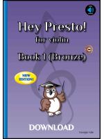 The cover of Hey Presto! for Violin Book 1 (Bronze) features a bright and engaging design. The title, 'Hey Presto!', is displayed in bold, playful font at the top, with 'Violin Book 1 (Bronze)' written below in a smaller, clear typeface. The background is a warm shade, possibly orange or bronze, reflecting the book's level. Three illustrated characters—Presto, Bravo, and Poco—are positioned on the cover, adding a fun and friendly touch. They appear to be guiding young learners through their musical journey. A violin graphic or musical notes may also be present, reinforcing the book’s focus on beginner violin techniques. The author's name, Georgia Vale, is printed at the bottom, along with a mention of the included audio resources available online.