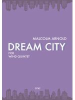 Cover of a musical score titled 'Dream City' by Malcolm Arnold, for Wind Quintet, published by QT42. The background is a solid purple color with silhouettes of city skylines at the top and bottom of the image.