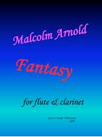Background: The background features a gradient transitioning from a dark blue at the top to a lighter, more cyan-blue at the bottom. Text: The text "Malcolm Arnold" and "Fantasy" are in a vibrant pink/magenta color. The text "for flute & clarinet" and "Queen's Temple Publications QT65" are in black.