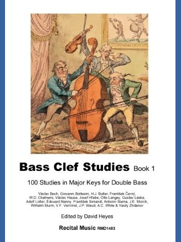 Cover of 'Bass Clef Studies Book 1: 100 Studies in Major Keys for Double Bass,' featuring a hand-colored etching from 1813 by George Cruikshank depicting three caricatured men playing a violin and a large double bass, with sheet music on the floor."