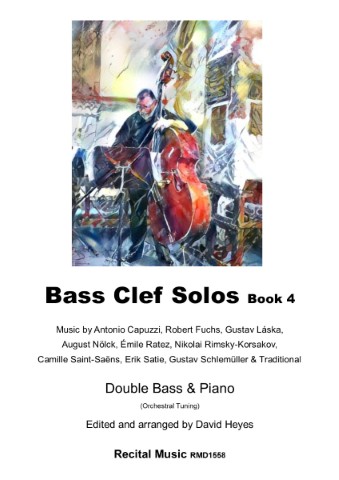 Cover of the music book 'Bass Clef Solos Book 4' featuring a vibrant, abstract-style painting of a musician playing a double bass. The text on the cover indicates it contains music by various composers including Antonio Capuzzi, Robert Fuchs, and others, arranged for Double Bass & Piano (Orchestral Tuning) and edited by David Heyes, published by Recital Music.