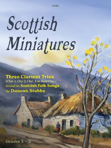 A book cover titled "Jazz-Folk Bassoon Trios" by Duncan Stubbs,published by Clifton Edition, featuring "Jazzy arrangements of English Folk Tunes." The cover image depicts a pastoral scene with a thatched-roof cottage, rolling hills, and a group of musicians playing instruments outdoors, with sheep grazing nearby.