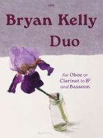 A watercolor illustration of a purple iris in a clear glass bottle against a purple and white background. Text on the image reads "C428 Bryan Kelly Duo for Oboe or Clarinet in Bb and Bassoon Newbery."