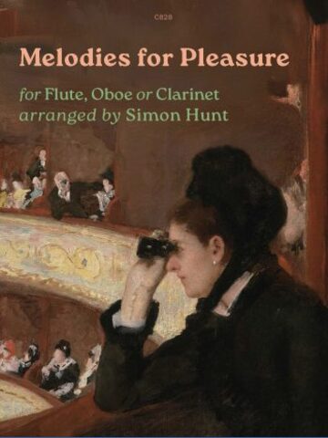 A painting depicting an audience in an opera house, with a woman in the foreground looking through opera glasses. The text overlay reads: "C828", "Melodies for Pleasure", "for Flute, Oboe or Clarinet arranged by Simon Hunt".