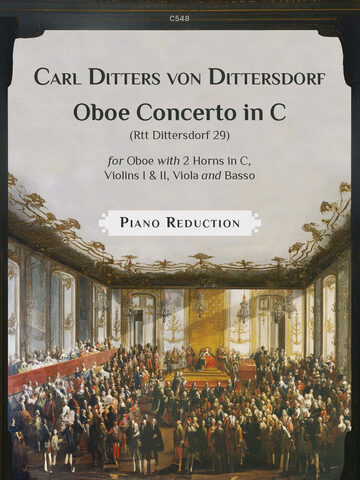 Cover of sheet music for the piano reduction of Carl Ditters von Dittersdorf's Oboe Concerto in C, featuring the title and instrumentation details above an illustration of a grand concert hall with musicians performing on stage and an audience seated below.